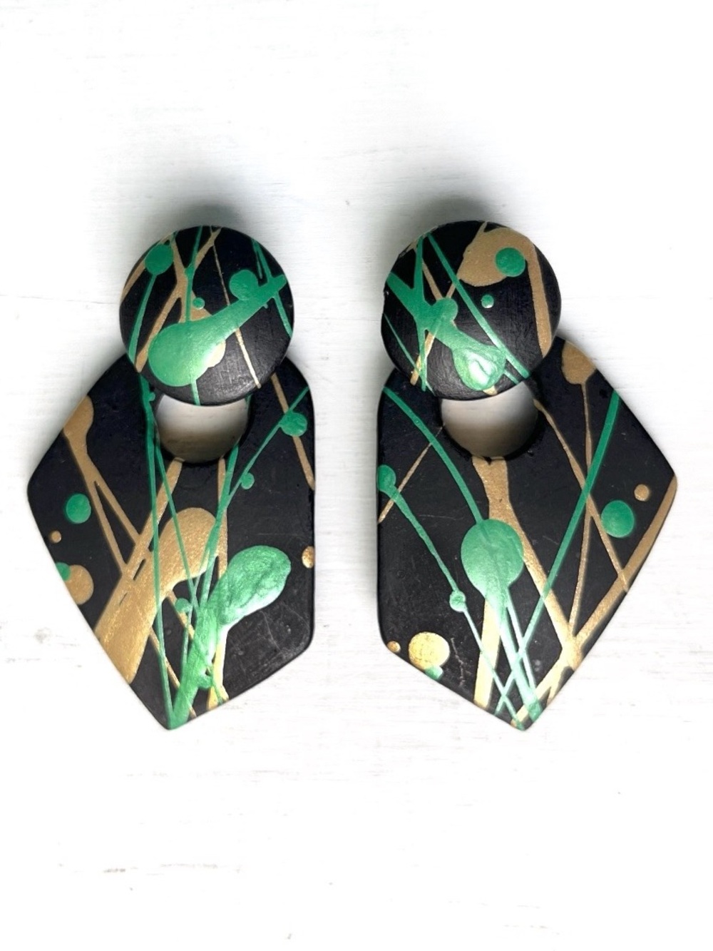80s Vintage Long Artisan Dangle Earrings Overkill Splatter Matte Black,Gold,Jade